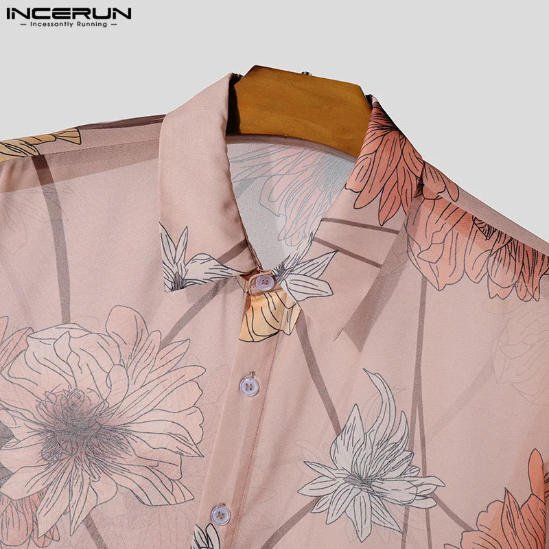 INCERUN Tops 2024 American Style Mens Fashion Perspective Floral Print Shirts Casual Personality Thin Short Sleeved Blouse S-5XL