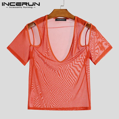 INCERUN Tops 2024 Korean Style Sexy Men Mesh Elastic Shoulder T-shirts Fashion Hot Sale Thin V-neck Short Sleeved Camiseta S-5XL