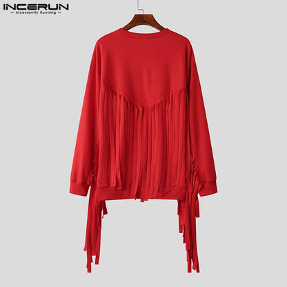 INCERUN Tops 2024 Korean Style New Men's Red Tassel O-neck Design Camiseta Stylish Hot Selling Male Long Sleeved T-shirts S-5XL