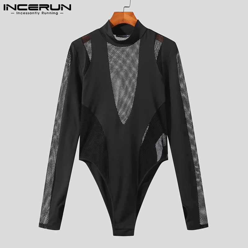 INCERUN Sexy Homewear Mens Hollow See-through Mesh Splice Bodysuits Casual Tight Elastic Sleeve Finger Triangle Jumpsuits S-5XL