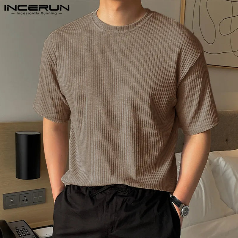 INCERUN Tops 2024 Style coréen Hommes Solide Simple Tricoté Tissu T-shirts Décontracté Bien Ajusté O-cou Manches Courtes Camiseta S-5XL