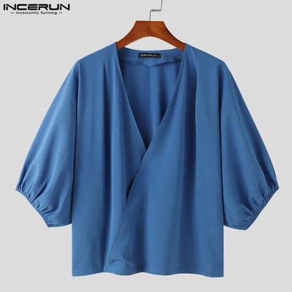 INCERUN Tops 2024 Korean Style Men Sexy Large V-neck Bubble Short Sleeved Shirts Party Clubwear Personality Solid Blouse S-5XL