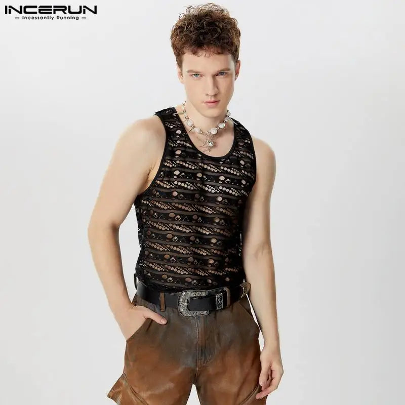 INCERUN Tops 2024 Style américain Hommes Sexy Mesh Perspective Design Gilets Été Mode Homme Vente Chaude Sans Manches Débardeurs S-5XL