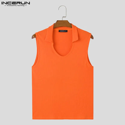 INCERUN Tops 2024 Amerikanischen Stil, Mode, Männer Gestrickte Pit Streifen Engen Elastischen Westen Sommer Sexy Männlichen Solide Revers Tank Tops S-5XL