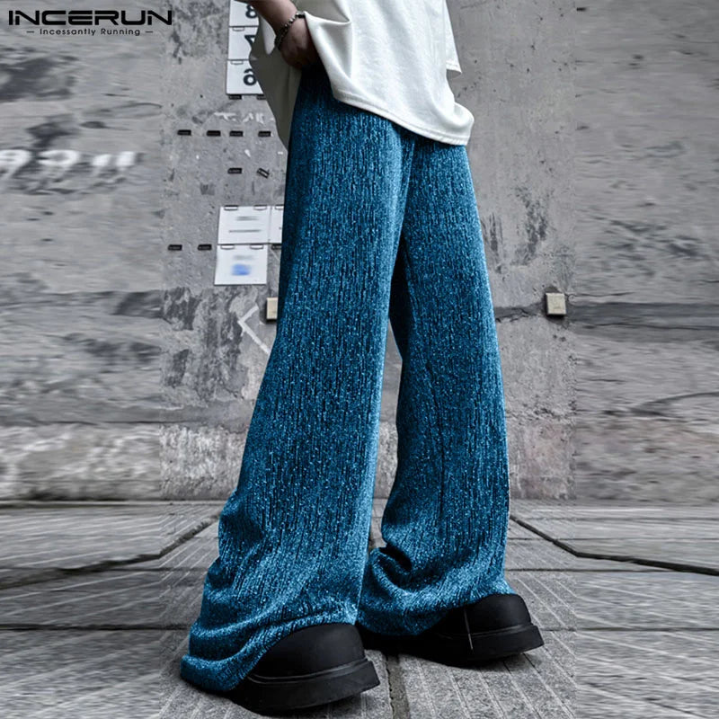 INCERUN 2024 Korean Style Trousers Men's Sparkling Fabric Short Striped Texture Long Pant Casual Streetwear Male Pantalons S-5XL