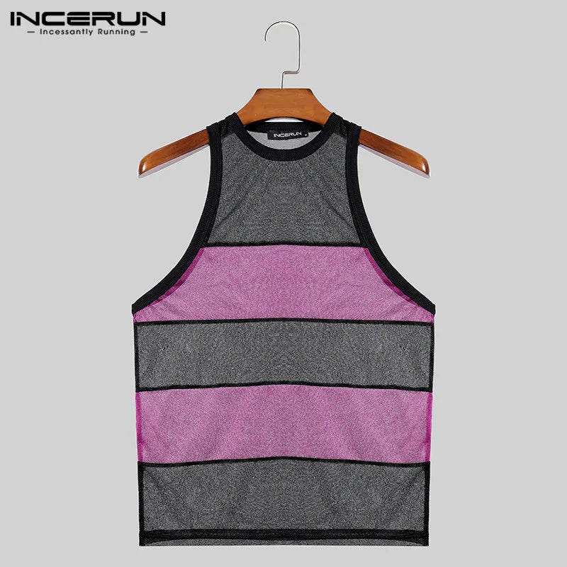 INCERUN Tops 2024 Style coréen Hommes Maille Contraste Couleur Patchwork Débardeurs Sexy Mode Perspective Mince Gilets Sans Manches S-5XL