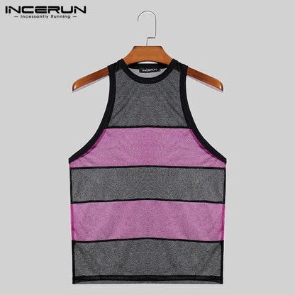 INCERUN Tops 2024 Koreanischen Stil Herren Mesh Kontrast Farbe Patchwork Tank Tops Sexy Mode Perspektive Dünne Ärmellose Westen S-5XL