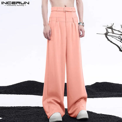 INCERUN 2024 Korean Style Trousers Men Double Waisted Straight Leg Long Pant Casual Well Fitting Loose All-match Pantalons S-5XL