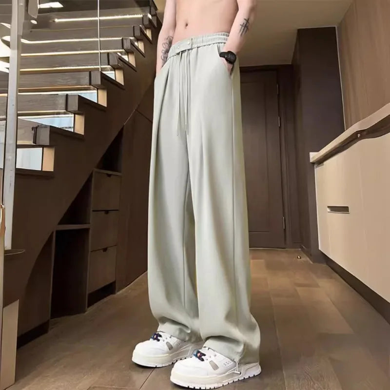 HOUZHOU Summer Suit Pants Men Ice Silk Wide Leg Pants High Waist Trousers Male Quick Drying Korean Business Office Casual