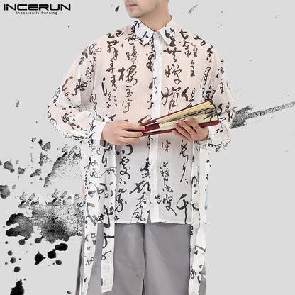 INCERUN Tops 2024 Korean Style Men Loose Perspective Chinese Character Print Shirt Fashion Personality Long Sleeved Blouse S-5XL