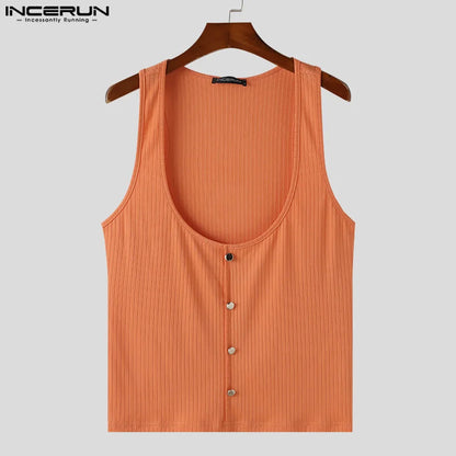 INCERUN Men Tank Tops Solid Color U-Neck Collar Sleeveless Button Casual Male Vests Summer Streetwear 2024 Fashion Men Clothing