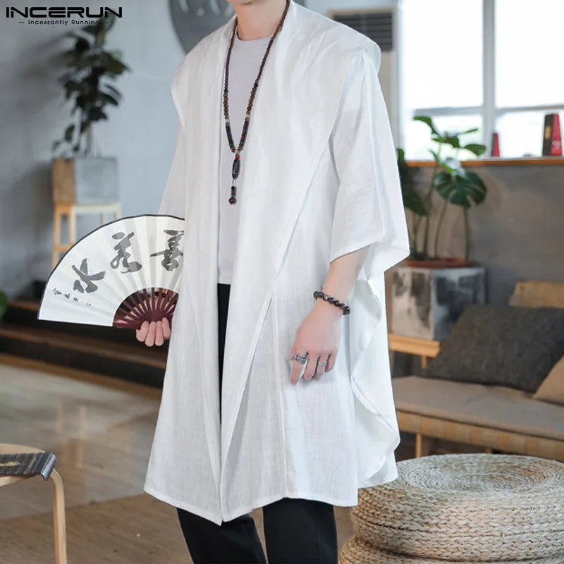 INCERUN Cotton Linen New Men's Tops 2023 Chinese Style Hooded Hoodie Shirts Casual Loose Solid Long Sleeve Cardigan Blouse S-5XL