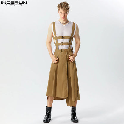 INCERUN 2023 Amerikanischen Stil Herren Plissee Design Röcke Hosen Casual Street Unregelmäßigen Saum Solide Riemen Halb Rock Overalls S-5XL