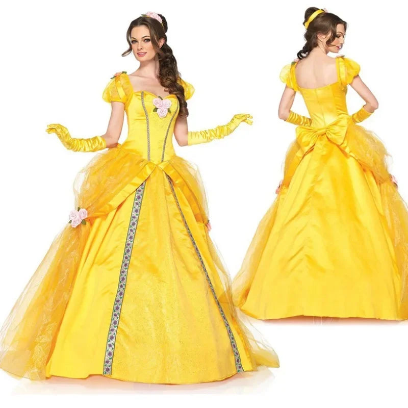 Beauty And The Beast Bell Yellow Long Dress Halloween Costume Belle Princess Dress Masquerade Carnival Adult Belle Roles Suit