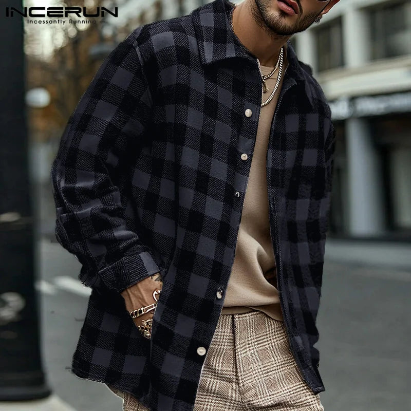 Fashion Casual Style Tops INCERUN 2024 New Men's Plaid Design Pattern Shirts Handsome Male All-match Long Sleeved Blouse S-5XL