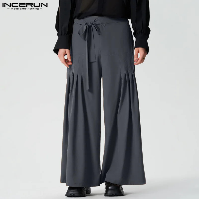 INCERUN 2024 Pantalon de style américain élégant pour hommes, pantalon long plissé à jambes larges, pantalon à bretelles taille haute, vente chaude, S-5XL