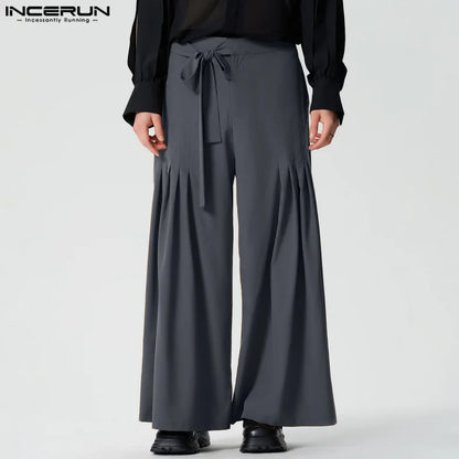 INCERUN 2024 American Style Trousers Stylish Men Pleated Wide Leg Long Pants Male Hot Selling High Waisted Strap Pantalons S-5XL