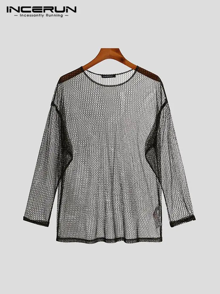 INCERUN Tops 2023 Sexy Leisure Men's See-though Camiseta Hollow Breathable Mesh Drop Shoulder Sleeve Long Sleeve T-shirts S-5XL