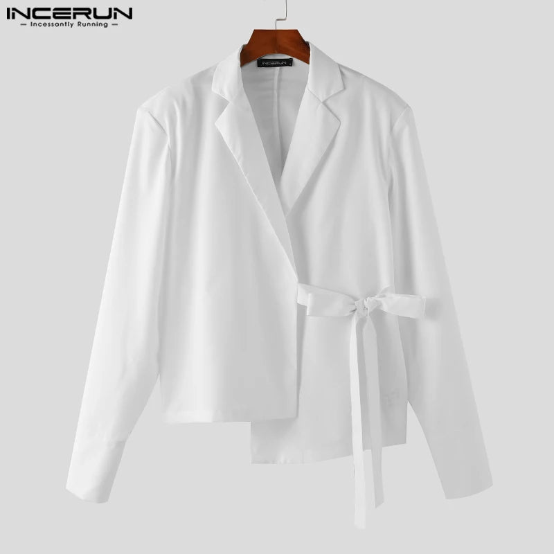 INCERUN Tops 2024 Korean Style New Mens Fashion Lace Up Design Cardigan Shirts Casual Simple All-match Long Sleeved Blouse S-5XL