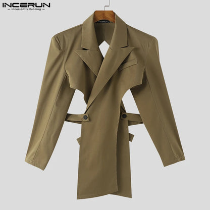 INCERUN Tops 2024 American Style Fashion Men's Cross Hollow Design Suit Coats Casual Personality Solid Long Sleeved Blazer S-5XL