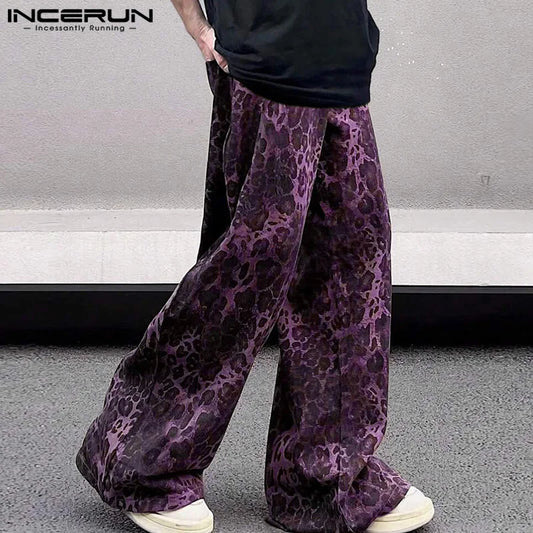 INCERUN 2024 Korean Style Trousers Stylish Men Leopard Printed Pattern Pant Casual Well Fitting Male Personality Pantalons S-5XL