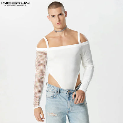 INCERUN 2024 Sexy Stil Neue Männer Homewear Fashion Solid Alle-spiel Bodys Hübscher Männlicher Graben Mesh Lange Seeved Overall S-5XL