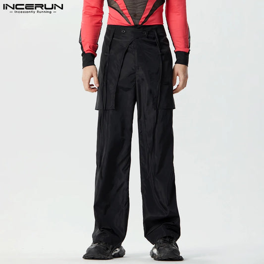 INCERUN 2024 American Style Trousers Stylish Men Layered Fake Two-piece Design Long Pant Leisure Solid All-match Pantalons S-5XL