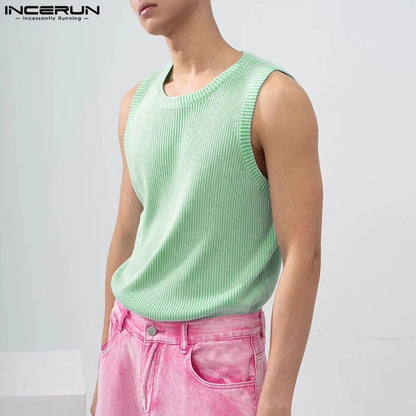 INCERUN Tops 2024 Korean Style Handsome New Men Solid Knitted Pit Vests Casual Streetwear Hot Selling Sleeveless Tank Tops S-5XL