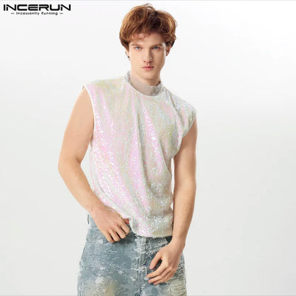 INCERUN Tops 2024 American Style Fashion Men Glittering Sequin Design Vests Male Personality Hot Sale Sleeveless Tank Tops S-5XL