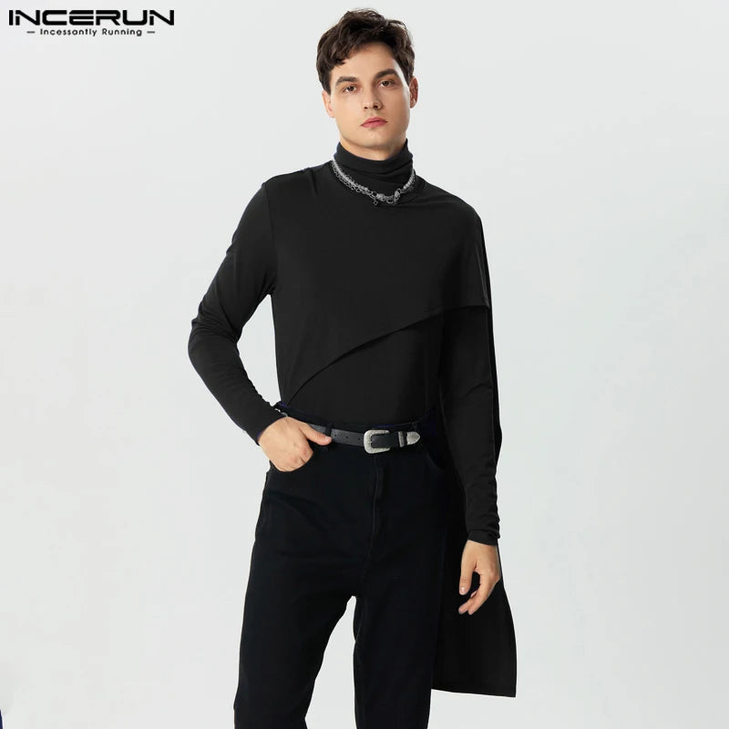 INCERUN Tops 2023 American Style Handsome Men's Knitted Pit Stripe High Neck Pullover Casual Fashion Solid Elastic Sweater S-5XL