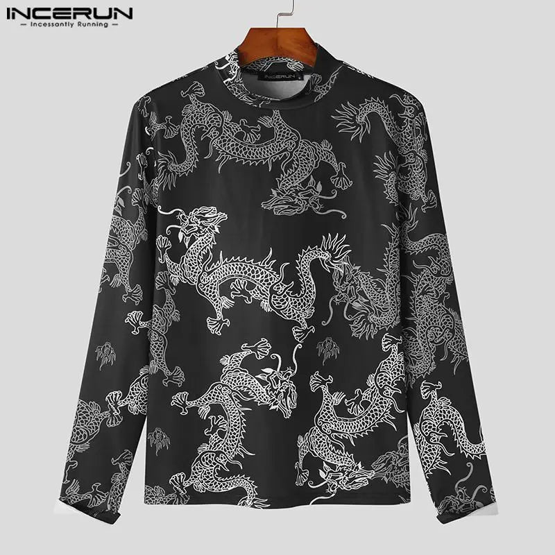 INCERUN Tops 2023 Style Américain Mode Hommes Rétro Dragon Totem Motif T-shirts Décontracté Personnalisé À Manches Longues Camiseta S-5XL