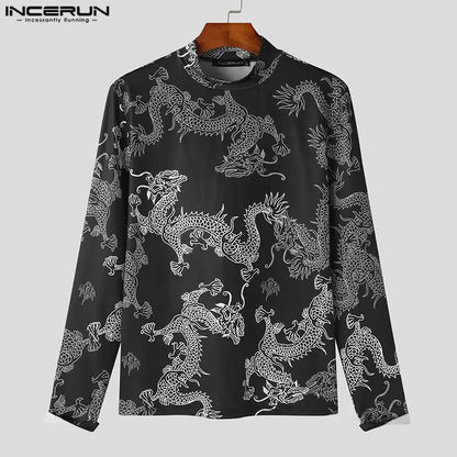 INCERUN Tops 2023 American Style Fashion Men Retro Dragon Totem Pattern T-shirts Casual Personalized Long Sleeved Camiseta S-5XL