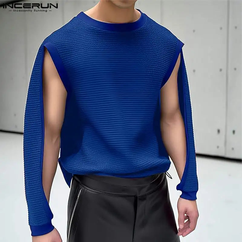 INCERUN Tops 2024 Korean Style New Men O-neck Hollow Sleeve Design T-shirts Casual Simple Male Solid Long Sleeved Camiseta S-5XL