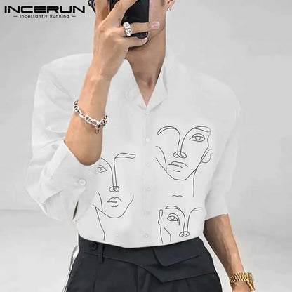 Stylish Simple Style New Men Blouse Casual Party Shows Male Loose Fashionable Face Printing Streetwear Shirts INCERUN Tops 2023