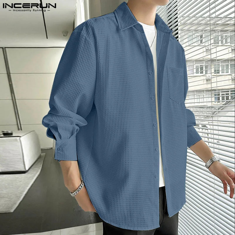 Handsome Well Fitting Tops INCERUN New Men's Casual All-match Texture Shirts Fashion Streetwear Solid Long Sleeved Blouse S-5XL