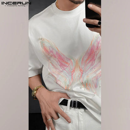 Handsome Well Fitting Tops INCERUN Men Personality Printed Pearl Decoration T-shirt Male Streetwear Short Sleeved Camiseta S-5XL