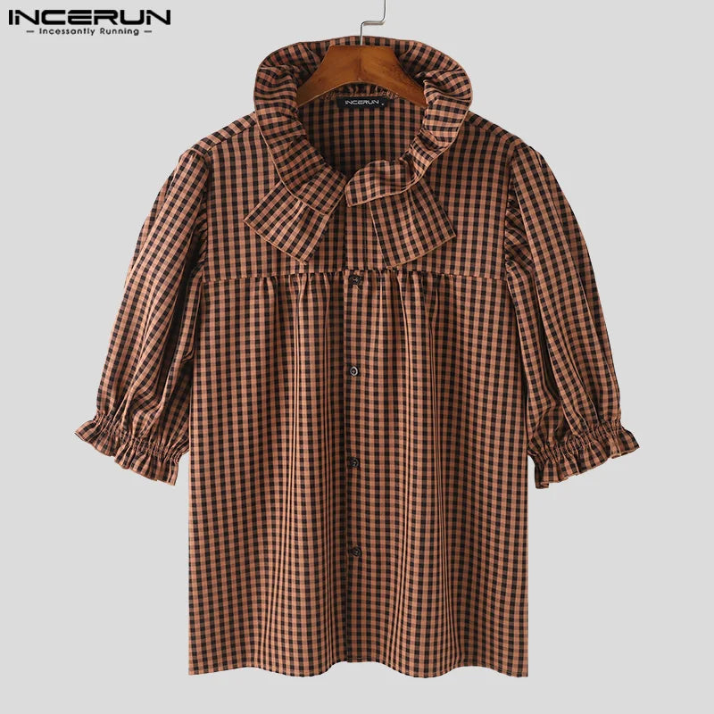 INCERUN Tops 2024 American Style Fashion Men's Doll Collar Plaid Shirt Casual Clubwear Male Hot Sale Medium Sleeved Blouse S-5XL