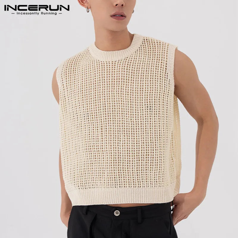 Débardeurs à la mode pour hommes en maille ajourée transparente Streetwear gilets de couleur unie 2023 col rond sans manches vêtements pour hommes S-5XL INCERUN