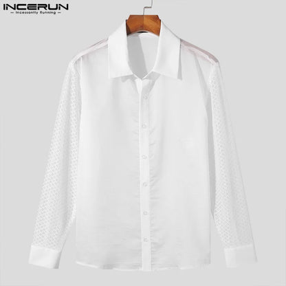 INCERUN Tops 2024 American Style Fashion Men's Mesh Splicing Hollow Slightly Transparent Shirts Casual Long Sleeved Blouse S-5XL