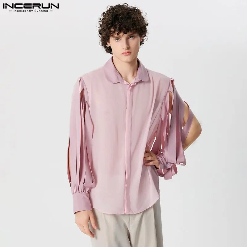 Fashion Casual Style Tops INCERUN Men Lace Perspective Sleeve Design Shirts Streetwear Male Solid Long Sleeved Blouse S-5XL 2024