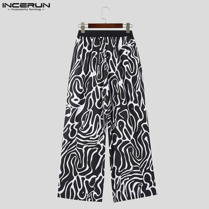 INCERUN 2024 Korean Style Pantalons Men Simple Irregular Fluid Printed Lace Up Long Pant Casual Well Fitting Male Trousers S-5XL