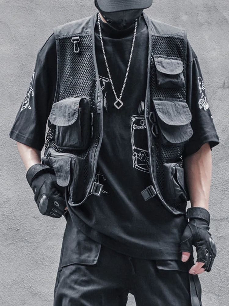 HOUZHOU Techwear Schwarze Cargo-Bikerweste ohne Ärmel Tanktops Herren Ärmelloses Top Herrenbekleidung Japanische Streetwear Hip Hop