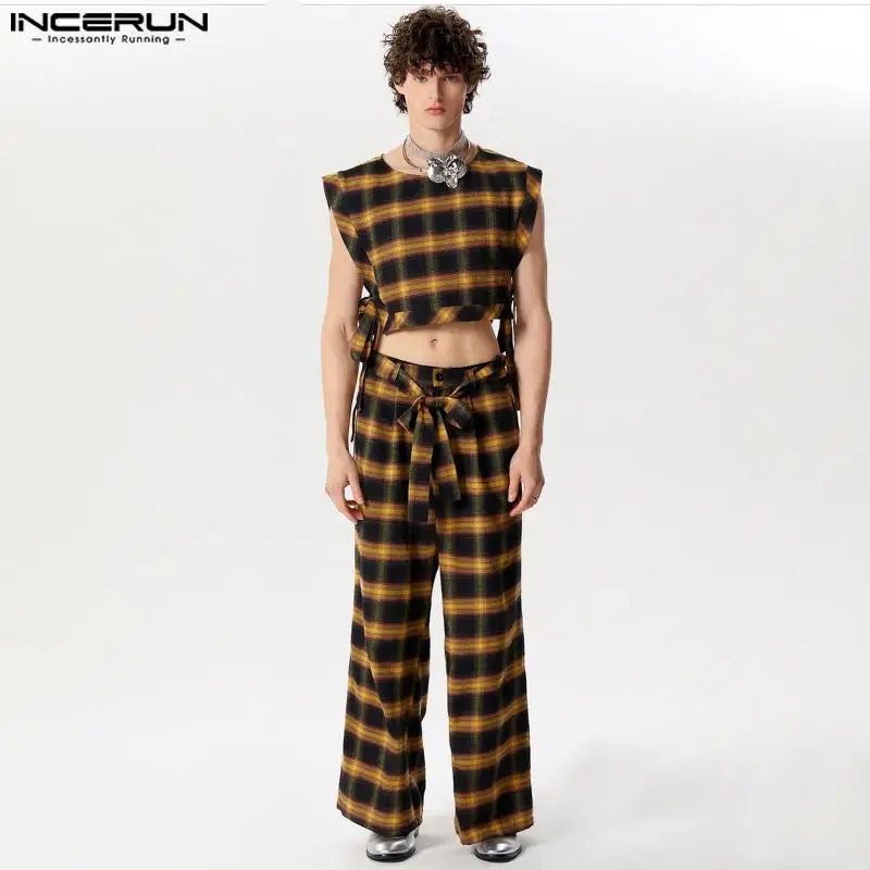 INCERUN 2024 American Style Men's Stylish Sets Sleeveless Vests Long Pants Casual Cropped Plaid Lace Design Suit 2 Pieces S-5XL