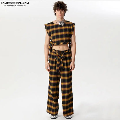 INCERUN 2024 American Style Men's Stylish Sets Sleeveless Vests Long Pants Casual Cropped Plaid Lace Design Suit 2 Pieces S-5XL