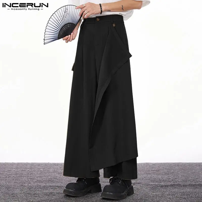 INCERUN 2024 Korean Style Trousers New Men's Solid Loose Wide Leg Long Pants Casual Simple Male patchwork Drape Pantalons S-5XL