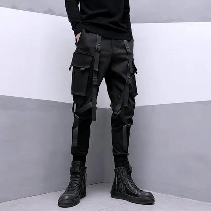 Pantalon cargo noir HOUZHOU Techwear pour homme Pantalon cargo pour homme Style japonais Streetwear Hip Hop Printemps Poche à ruban Mode Harajuku