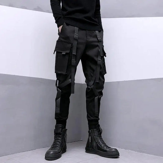 HOUZHOU Techwear Schwarze Cargohose für Herren, Cargohose für Herren, japanische Streetwear, Hip Hop, Frühlingsband, Tasche, Harajuku-Mode