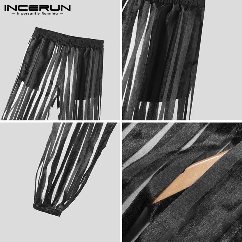 INCERUN 2024 American Style New Men Trousers Striped Mesh Transparent Long Pants Casual Streetwear Hot Sale Male Pantalons S-5XL