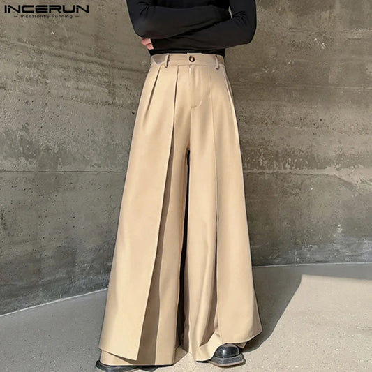 INCERUN 2024 Korean Style Trousers New Men's Fake Two piece Wide Leg Pants Leisure Loose Solid Comfortable Skirt Pantalons S-5XL