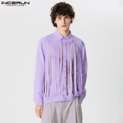 INCERUN Tops 2024 American Style Casual Men Solid Tassel Design Shirts Fashion Clubwear Hot Sale Long Sleeved Lapel Blouse S-5XL